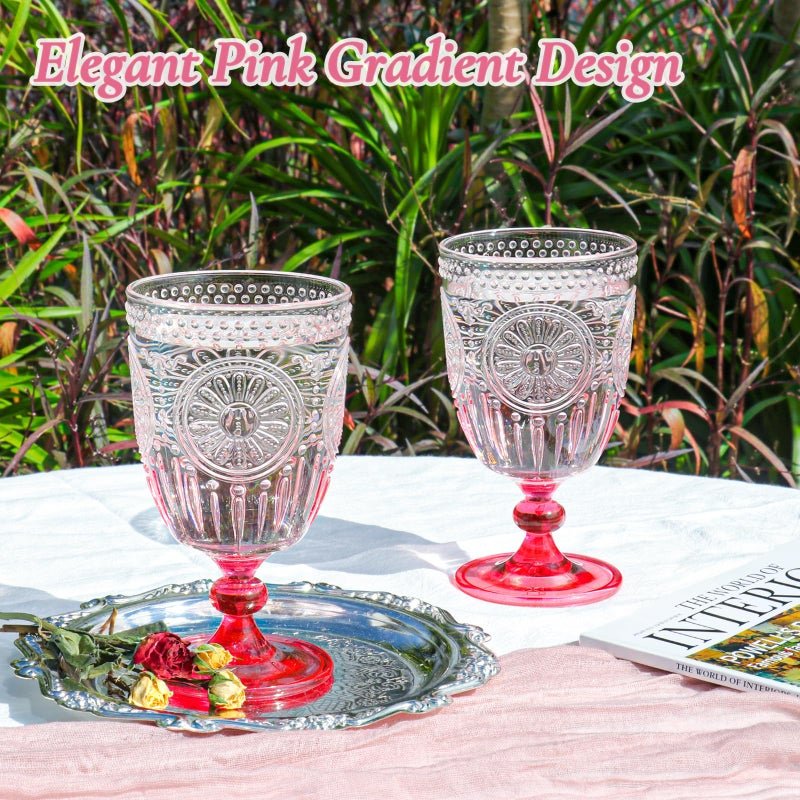 XUWAIDSGN 12Pcs Plastic Vintage Wine Glasses 13.5oz Reusable Embossed Goblet Glasses Pink Gradient Retro Wine Glassware Unbreakable Stemmed Champagne Water Cups for Wine Cocktail Juice Wedding - Image 3