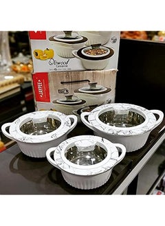 JAYPEE Oliwood Glass Lid Casserole Set Of 3 Pieces 1000 Plus 1500 Plus 2000Ml Super Glossy Premium Finish High Quality With White Color Base White Marble  - Image 1