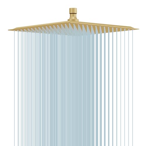 BESy 12 Inch Rain Shower Head, 12" Square Rainfall & High Pressure Stainless Steel Bath Showerhead, 1/16" Ultra Thin, Waterfall Full Body Coverage with Silicone Nozzle, Brushed Gold - Image 1