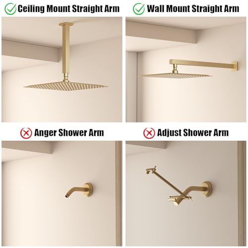 BESy 12 Inch Rain Shower Head, 12" Square Rainfall & High Pressure Stainless Steel Bath Showerhead, 1/16" Ultra Thin, Waterfall Full Body Coverage with Silicone Nozzle, Brushed Gold - Image 5
