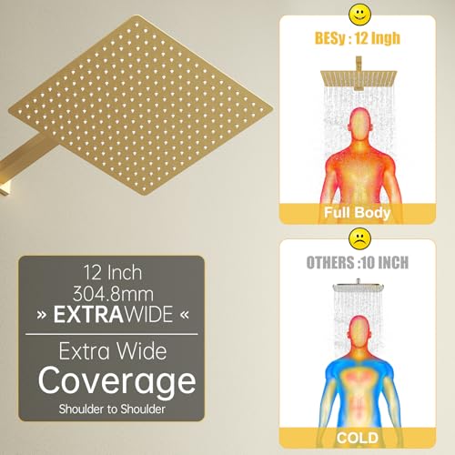 BESy 12 Inch Rain Shower Head, 12" Square Rainfall & High Pressure Stainless Steel Bath Showerhead, 1/16" Ultra Thin, Waterfall Full Body Coverage with Silicone Nozzle, Brushed Gold - Image 3
