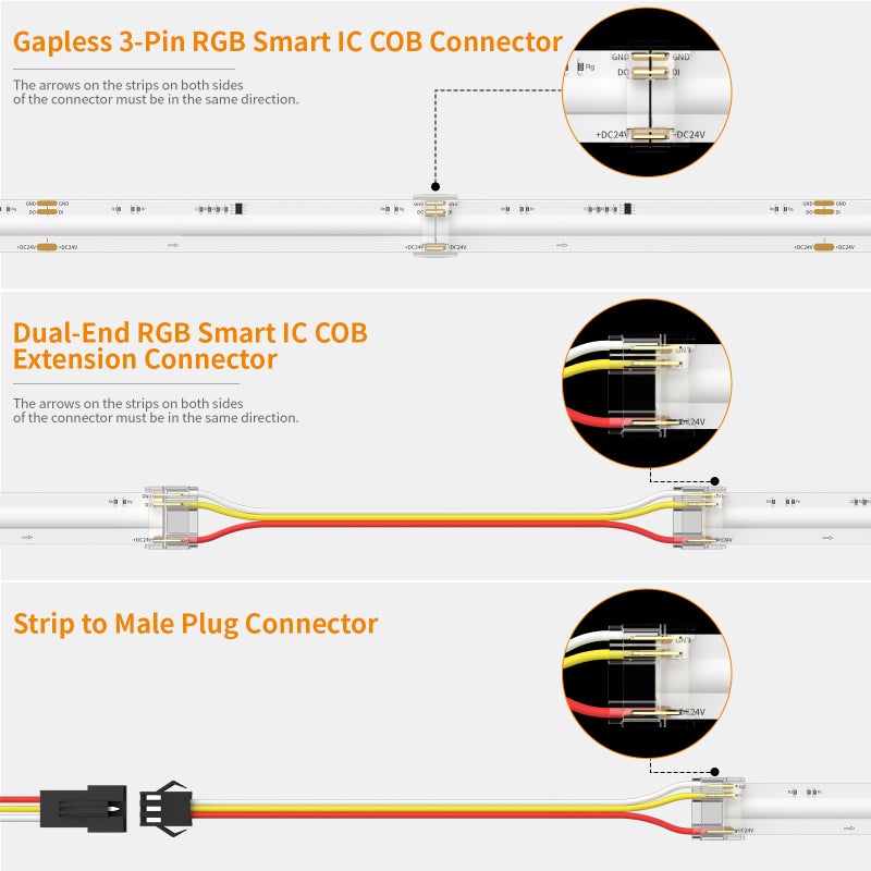 PAUTIX 12mm 3-Pin Connectors for RGB Smart IC COB LED Strip Lights,Solderless Terminal Connection Kit,Dual-End Extension,Strip to Male Plug,Gapless,Strip to Wire Connectors,24V 12V 5V LED Light Strips - Image 2