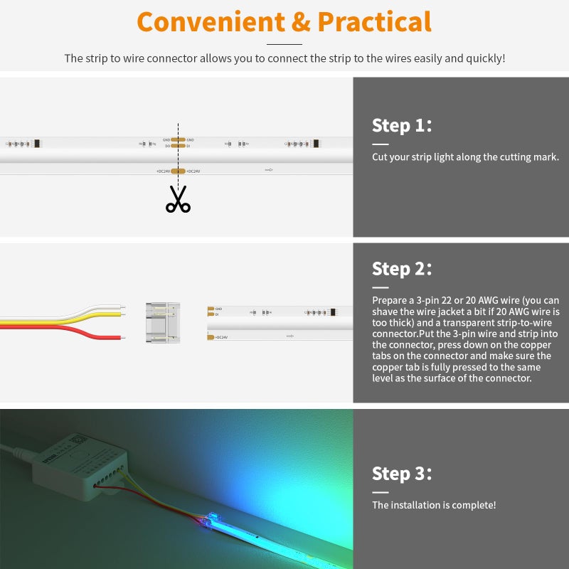 PAUTIX 12mm 3-Pin Connectors for RGB Smart IC COB LED Strip Lights,Solderless Terminal Connection Kit,Dual-End Extension,Strip to Male Plug,Gapless,Strip to Wire Connectors,24V 12V 5V LED Light Strips - Image 5