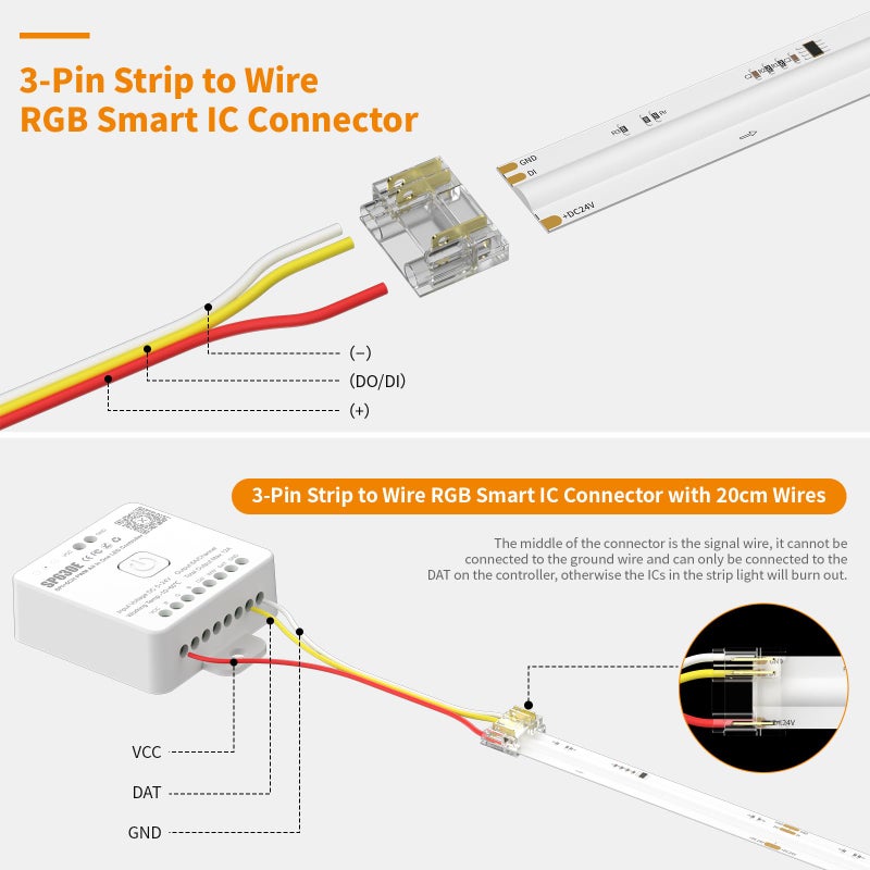 PAUTIX 12mm 3-Pin Connectors for RGB Smart IC COB LED Strip Lights,Solderless Terminal Connection Kit,Dual-End Extension,Strip to Male Plug,Gapless,Strip to Wire Connectors,24V 12V 5V LED Light Strips - Image 3