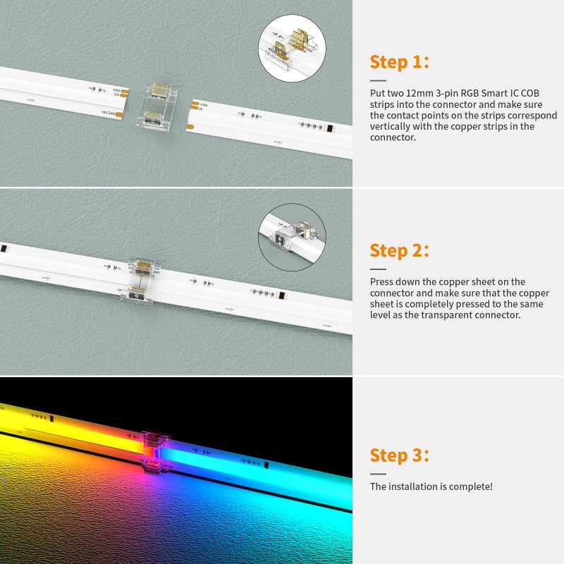 PAUTIX 12mm 3-Pin Connectors for RGB Smart IC COB LED Strip Lights,Solderless Terminal Connection Kit,Dual-End Extension,Strip to Male Plug,Gapless,Strip to Wire Connectors,24V 12V 5V LED Light Strips - Image 4