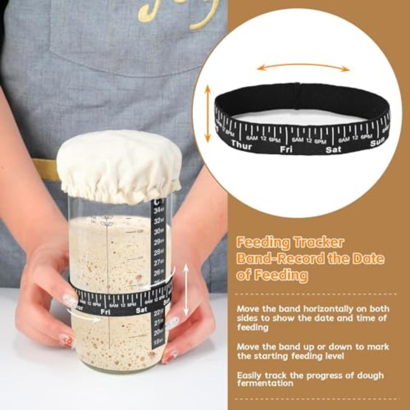 haodeSourdough Starter Jar Kit, 730ml Reusable Wide Mouth Sour Dough Starter Container, with Silicone Scraper, Thermometer, Date Marked Feeding Band, Cloth Cover And Aluminum Lid 2 Pack 24 oz/730 ml - Image 5