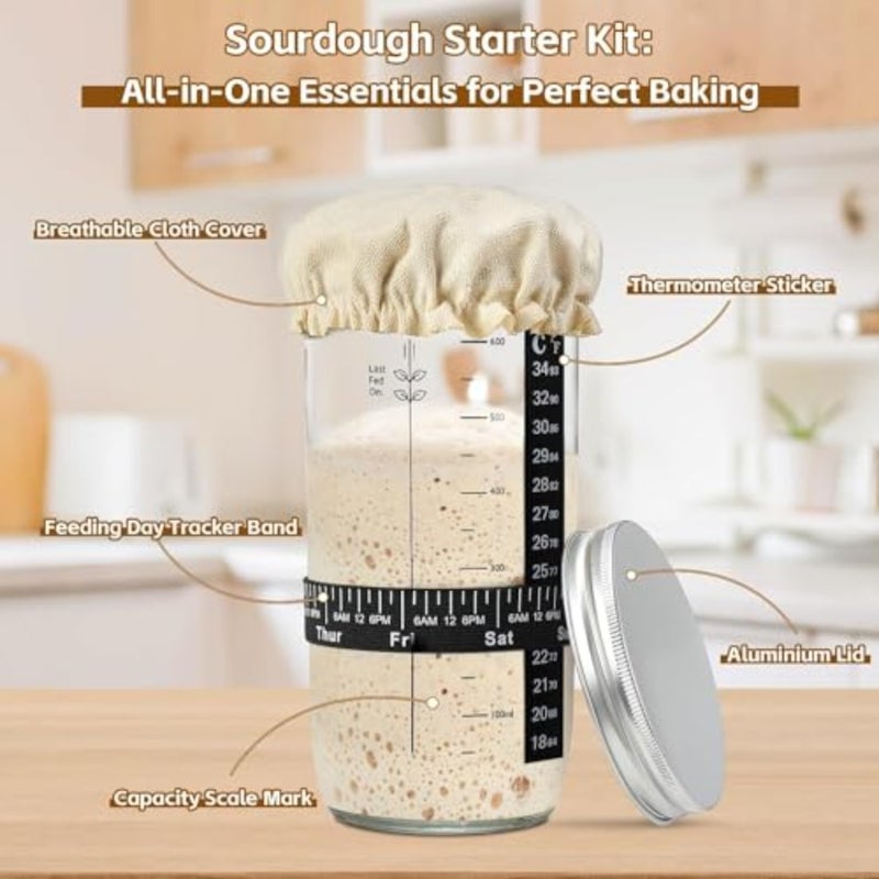 haodeSourdough Starter Jar Kit, 730ml Reusable Wide Mouth Sour Dough Starter Container, with Silicone Scraper, Thermometer, Date Marked Feeding Band, Cloth Cover And Aluminum Lid 2 Pack 24 oz/730 ml - Image 4