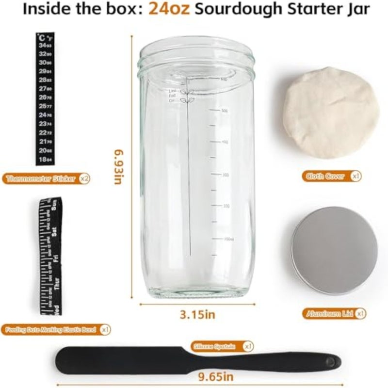 haodeSourdough Starter Jar Kit, 730ml Reusable Wide Mouth Sour Dough Starter Container, with Silicone Scraper, Thermometer, Date Marked Feeding Band, Cloth Cover And Aluminum Lid 2 Pack 24 oz/730 ml - Image 3