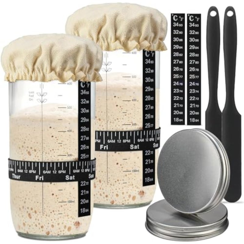 haodeSourdough Starter Jar Kit, 730ml Reusable Wide Mouth Sour Dough Starter Container, with Silicone Scraper, Thermometer, Date Marked Feeding Band, Cloth Cover And Aluminum Lid 2 Pack 24 oz/730 ml - Image 1