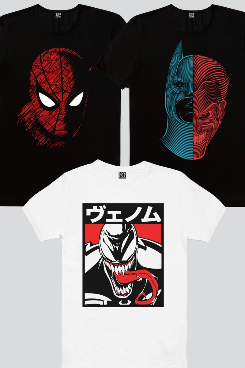 Rock & Roll Digital Spider, Long Tongue, Half Hero Men's T-Shirt 3-Pack Eco Pack