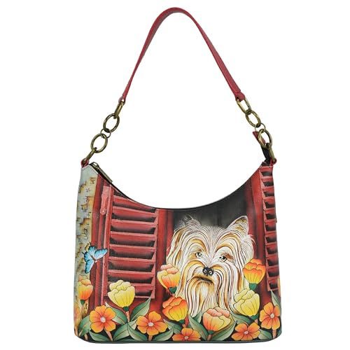 Anna by Anuschka Women’s Original Leather Hand-Painted Hobo Shoulder Bag, Happy Pup - Image 1