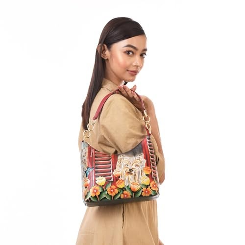 Anna by Anuschka Women’s Original Leather Hand-Painted Hobo Shoulder Bag, Happy Pup - Image 4