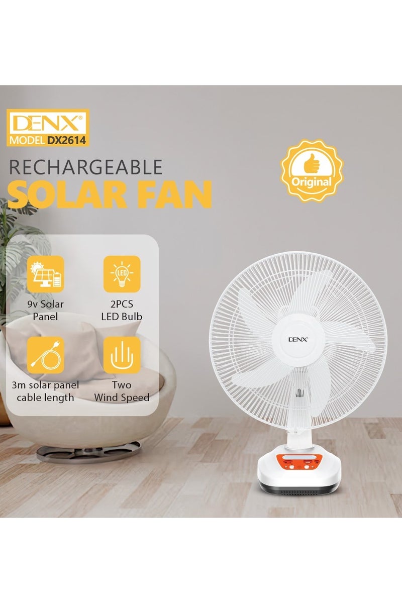 Denx 14 inch white solar powered rechargeable table fan - Image 1