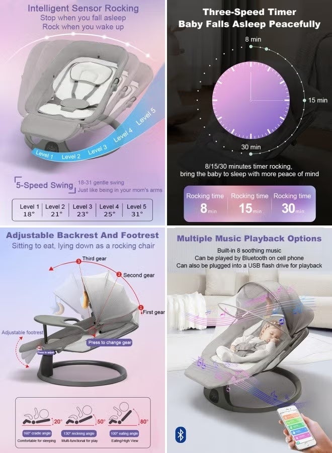 WALALLA Smart Electric Baby Swing with Bluetooth & Remote - Adjustable Infant Rocker, 5 Swing Speeds, 8 Lullabies, Dual Power (Adapter/Battery), Indoor & Outdoor Use, Gray (81×61×71cm) - Image 2