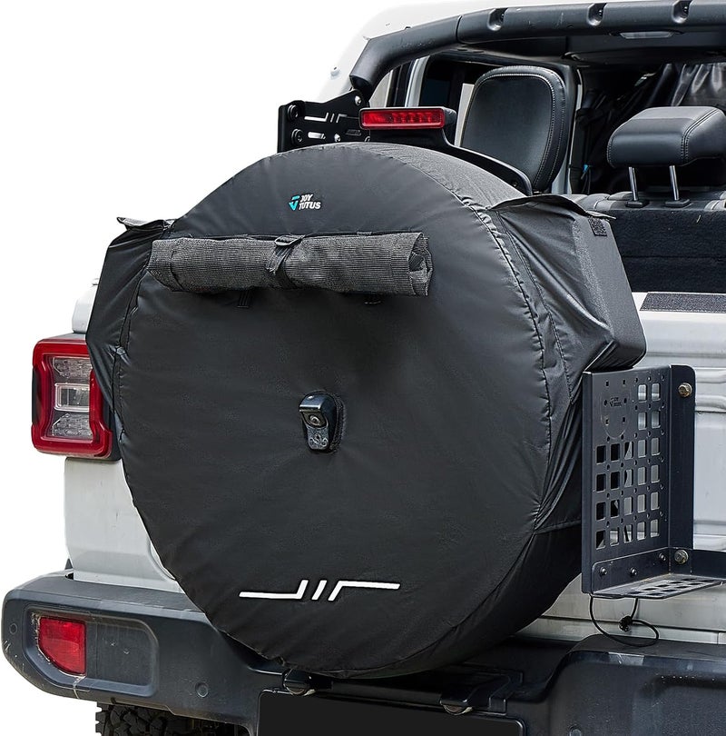 جوي توتوس غطاء إطار احتياطي مزود بفتحة للكاميرا، متوافق مع طرازات Wrangler JK JL من عام 2007 إلى 2025؛ غطاء مقاوم للرياح والغبار مع كيس للقمامة، يناسب إطارات بقطر يتراوح بين 30 إلى 33 بوصة. - Image 1