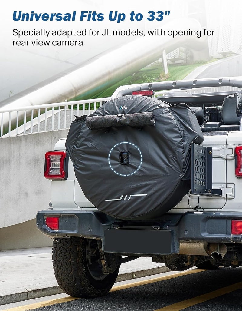 جوي توتوس غطاء إطار احتياطي مزود بفتحة للكاميرا، متوافق مع طرازات Wrangler JK JL من عام 2007 إلى 2025؛ غطاء مقاوم للرياح والغبار مع كيس للقمامة، يناسب إطارات بقطر يتراوح بين 30 إلى 33 بوصة. - Image 2