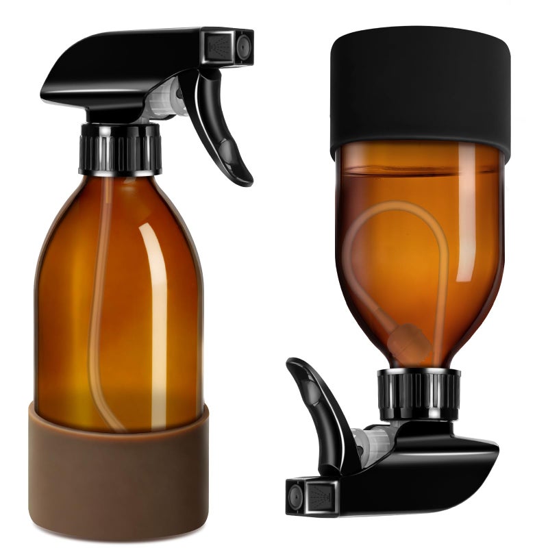Tecohouse 2 Pack 360Â° Amber Glass Spray Bottles with Silicone Sleeve, 8 oz Empty Refillable Containers with Adjustable Spray Nozzles, Dark Spray Bottles for Cleaning Solutions, Plants (Black & Brown) - Image 1