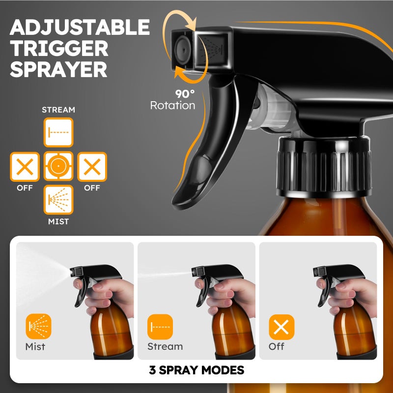 Tecohouse 2 Pack 360Â° Amber Glass Spray Bottles with Silicone Sleeve, 8 oz Empty Refillable Containers with Adjustable Spray Nozzles, Dark Spray Bottles for Cleaning Solutions, Plants (Black & Brown) - Image 3