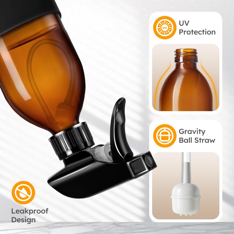 Tecohouse 2 Pack 360Â° Amber Glass Spray Bottles with Silicone Sleeve, 8 oz Empty Refillable Containers with Adjustable Spray Nozzles, Dark Spray Bottles for Cleaning Solutions, Plants (Black & Brown) - Image 4