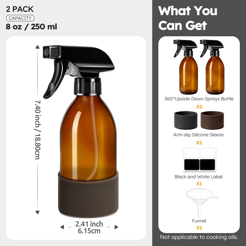 Tecohouse 2 Pack 360Â° Amber Glass Spray Bottles with Silicone Sleeve, 8 oz Empty Refillable Containers with Adjustable Spray Nozzles, Dark Spray Bottles for Cleaning Solutions, Plants (Black & Brown) - Image 5