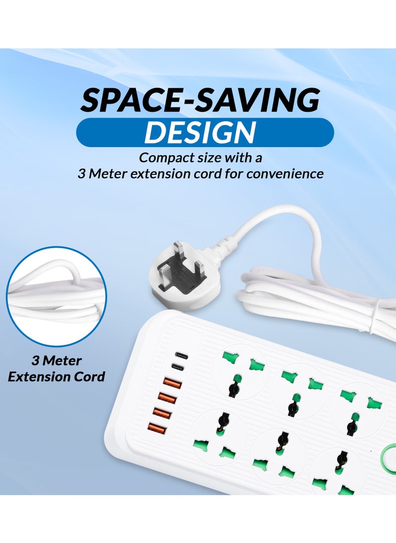 دانين سلك تمديد عالمي متعدد المقابس من  مزود بـ 4 منافذ USB | 6 منافذ | منفذين من النوع C، قابس بريطاني بقوة 10 أمبير، واقي من التيار الزائد، كابل تمديد طاقة بطول 3 أمتار للمنزل والمطبخ والمكتب (أبيض)  - Image 3