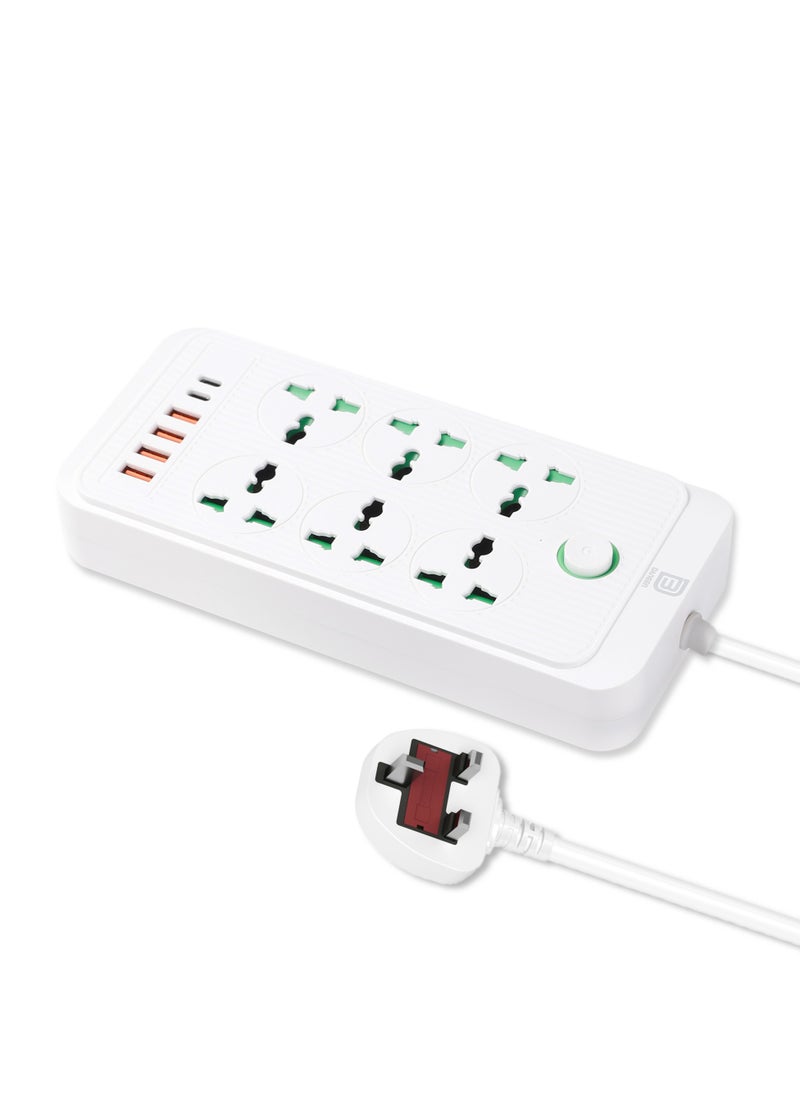 دانين سلك تمديد عالمي متعدد المقابس من  مزود بـ 4 منافذ USB | 6 منافذ | منفذين من النوع C، قابس بريطاني بقوة 10 أمبير، واقي من التيار الزائد، كابل تمديد طاقة بطول 3 أمتار للمنزل والمطبخ والمكتب (أبيض)  - Image 2
