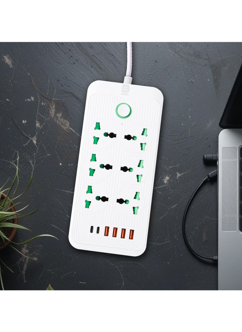 دانين سلك تمديد عالمي متعدد المقابس من  مزود بـ 4 منافذ USB | 6 منافذ | منفذين من النوع C، قابس بريطاني بقوة 10 أمبير، واقي من التيار الزائد، كابل تمديد طاقة بطول 3 أمتار للمنزل والمطبخ والمكتب (أبيض)  - Image 1