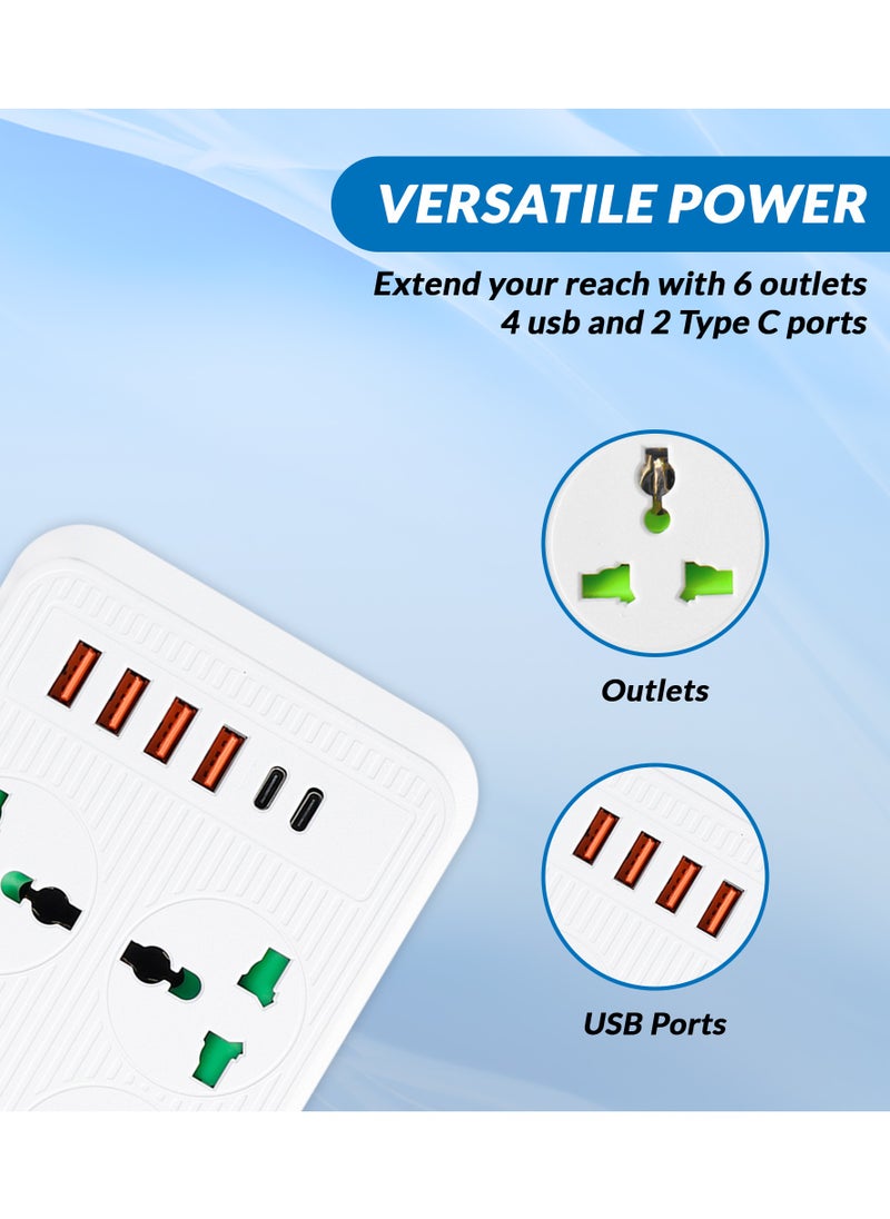 دانين سلك تمديد عالمي متعدد المقابس من  مزود بـ 4 منافذ USB | 6 منافذ | منفذين من النوع C، قابس بريطاني بقوة 10 أمبير، واقي من التيار الزائد، كابل تمديد طاقة بطول 3 أمتار للمنزل والمطبخ والمكتب (أبيض)  - Image 5