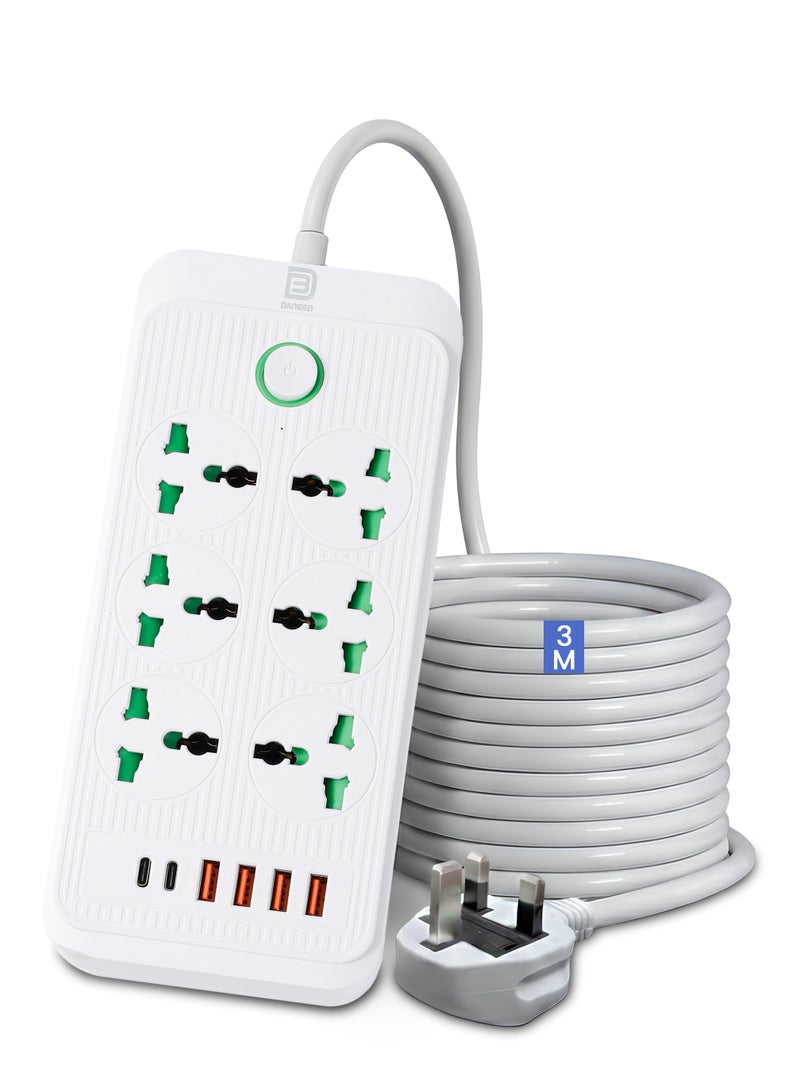 DANEEN 12 in 1 Power Strip with 6 AC Outlets 4 USB‑A + 2 USB‑C Ports, Surge Protector, 3m Heavy-Duty Extension Cord, Overload Protection, Wall-Mountable Multi-Plug for Home, Office and Travels (White) - Image 1