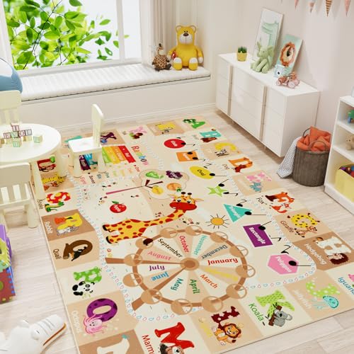 B BENRON 4x6 Playroom Rugs for Kids Washable Educational and Fun Playmat with ABC Alphabet Animals Shapes Colors NonSlip Play Mat Learning Rugs for Baby Toddler Children Game Activity Beige - Image 1