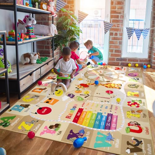 B BENRON 4x6 Playroom Rugs for Kids Washable Educational and Fun Playmat with ABC Alphabet Animals Shapes Colors NonSlip Play Mat Learning Rugs for Baby Toddler Children Game Activity Beige - Image 3