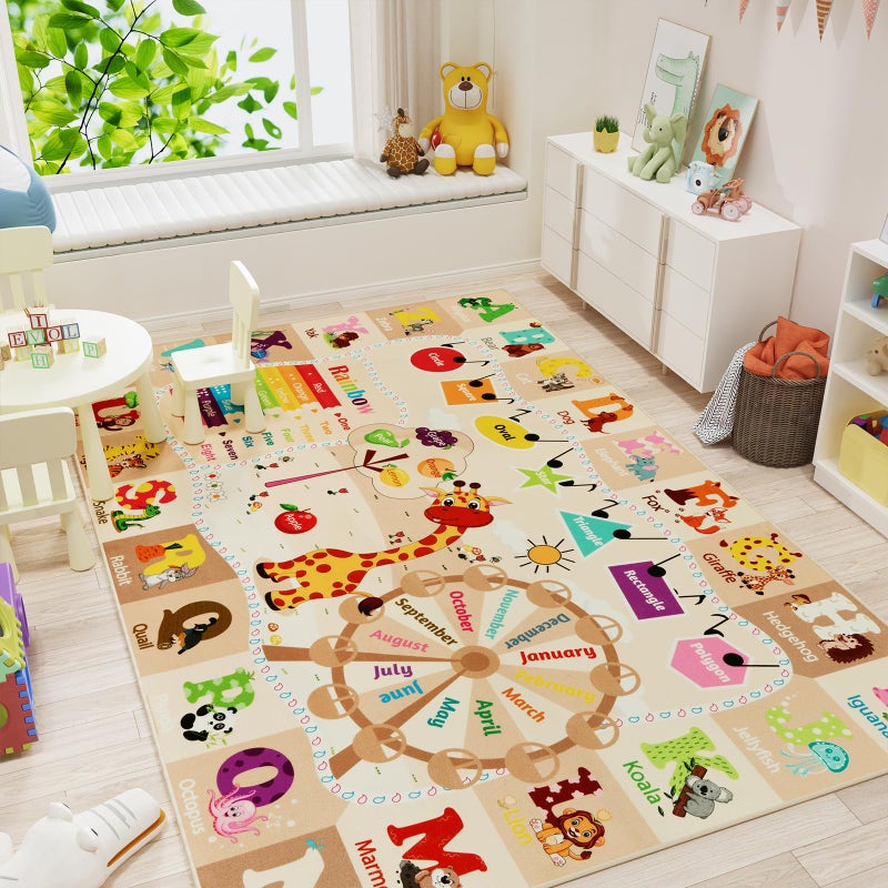 B BENRON 4x6 Playroom Rugs for Kids Washable Educational and Fun Playmat with ABC Alphabet Animals Shapes Colors NonSlip Play Mat Learning Rugs for Baby Toddler Children Game Activity Beige - Image 2