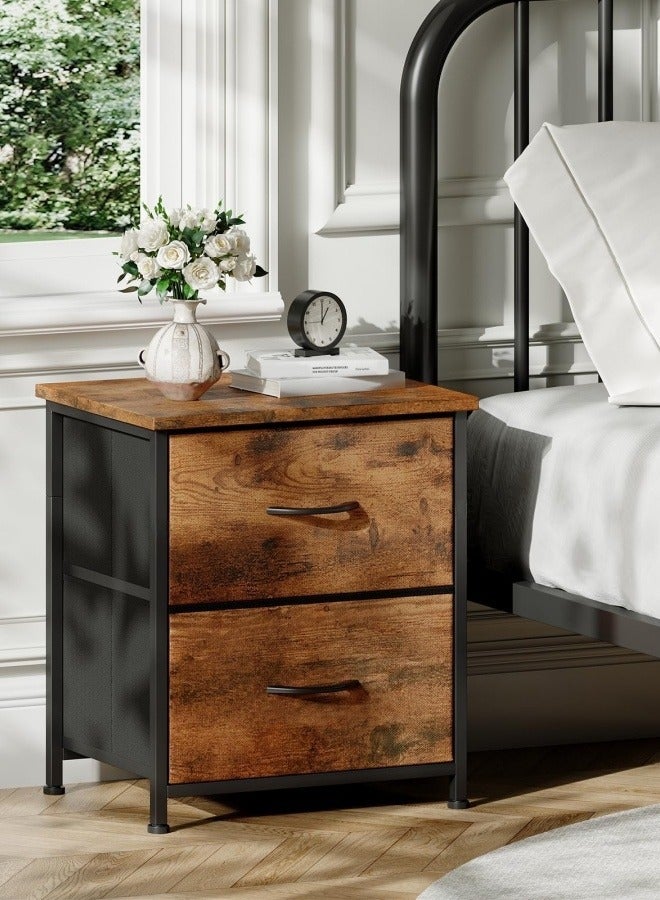 هارلان طاولة سرير جانبية بدرجين، طاولة سرير جانبية بسيطة، طاولة سرير جانبية بأدراج قماشية، طاولة جانبية مع مساحة تخزين لغرفة النوم، غرفة النوم المشتركة، غرفة الضيوف، غرفة المعيشة، لون بني. - Image 1