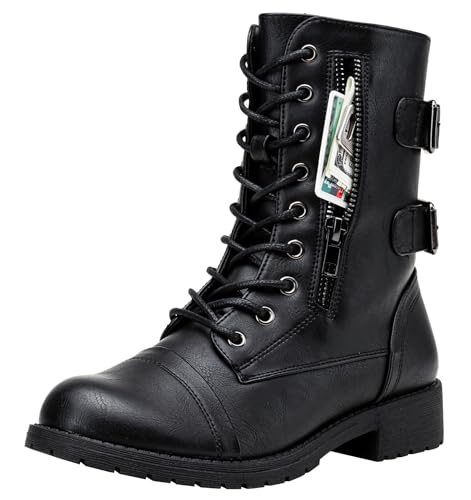 Vepose Women's Black Lace up Combat Boots, Mid Calf Hiking Boots, 929 Size 9 US - Credit Card Wallet Pocket (CJY929 Black 09) - Image 1