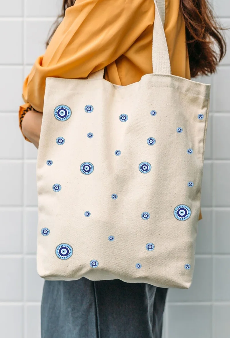 Çınar Bez Çanta Çınar Cloth Bag Canvas Tiny Evil Eye Beads Printed Cloth Bag