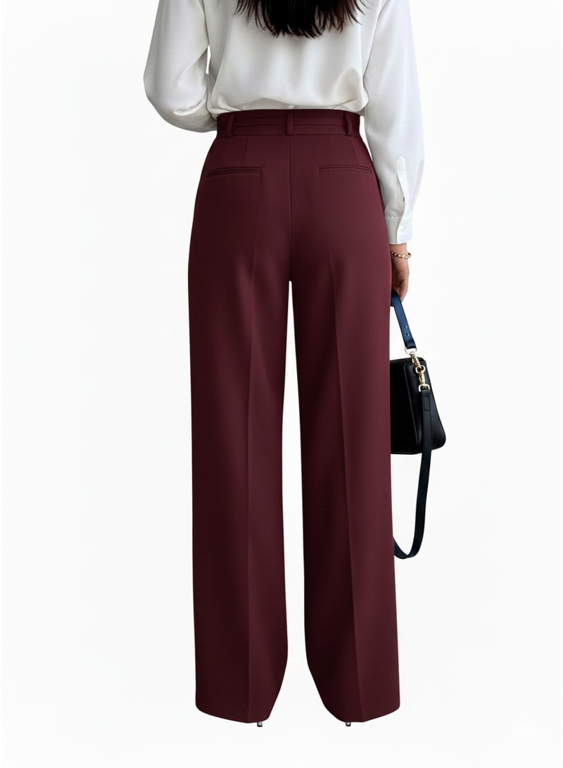 بنطال نسائي رسمي عنابي بقصة واسعة مع خصر عالي ورباط - Image 3