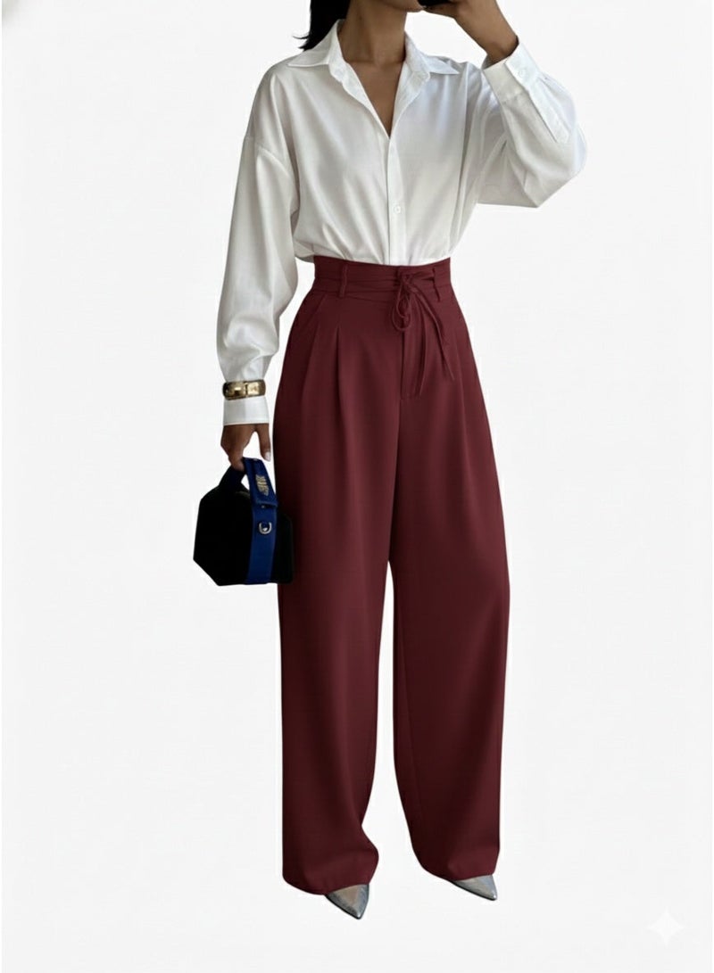 بنطال نسائي رسمي عنابي بقصة واسعة مع خصر عالي ورباط - Image 1