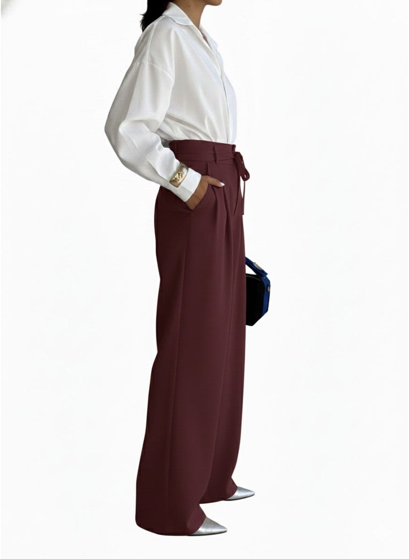 بنطال نسائي رسمي عنابي بقصة واسعة مع خصر عالي ورباط - Image 2