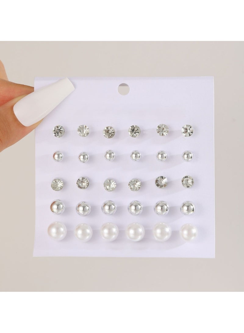 Huitich 15-Pair Stud Earring Set Crystal, Pearl & Metallic Studs  - Image 5