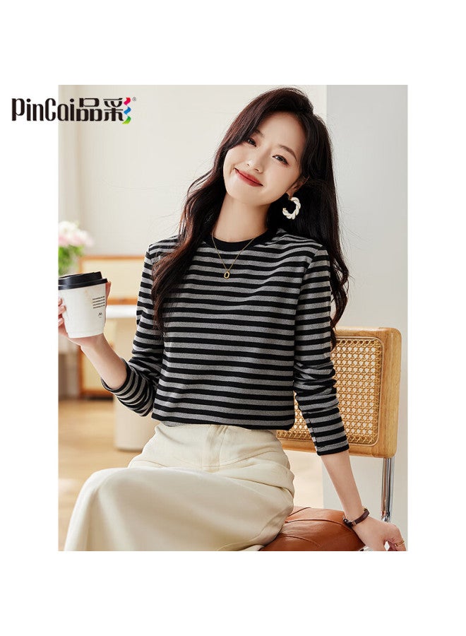 Pincai Women's Long Sleeve T-shirt Spring Autumn Simple Round Neck Striped Basic Shirt P143z1016 - Image 1