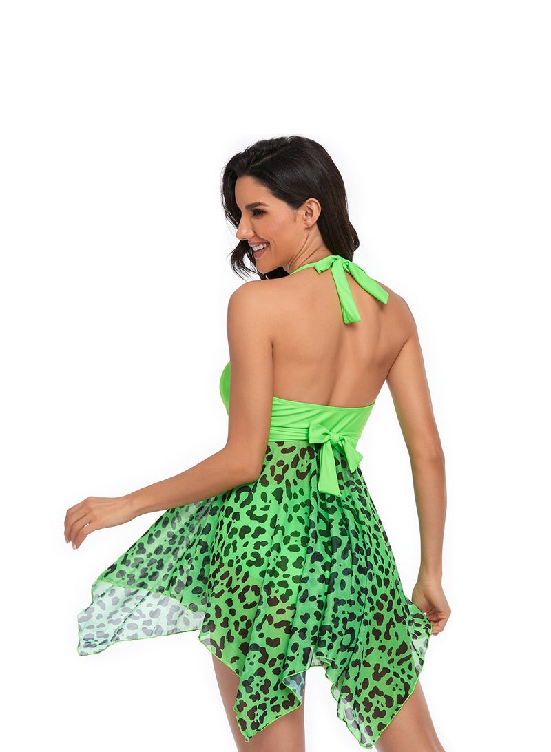 Womens Leopard Print 2 Peice Set Swimsuits V-Neck Halter Swim Dress And Thong Bottom Swimwear Bathing Suits Green/Black - Image 4