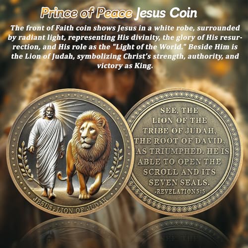 IELCJJ Prince of Peace Jesus Challenge Coin - Lion of Judah Revelation 5:5 Religious Coins - Inspirational Cross God Pocket Bible Verses Chip Token for Study - Good Luck Commemorative Gifts for Men Women - Image 2