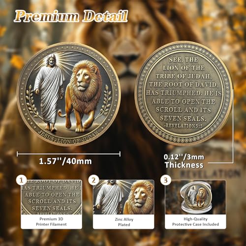 IELCJJ Prince of Peace Jesus Challenge Coin - Lion of Judah Revelation 5:5 Religious Coins - Inspirational Cross God Pocket Bible Verses Chip Token for Study - Good Luck Commemorative Gifts for Men Women - Image 3