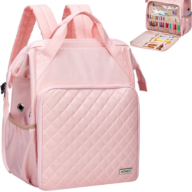 HOMEST Knitting Bag Backpack, Crochet Storage Organizer, Large Yarn Holder with Custom Front Pocket for Crochet Accessories and Supplies, Pink - Image 1