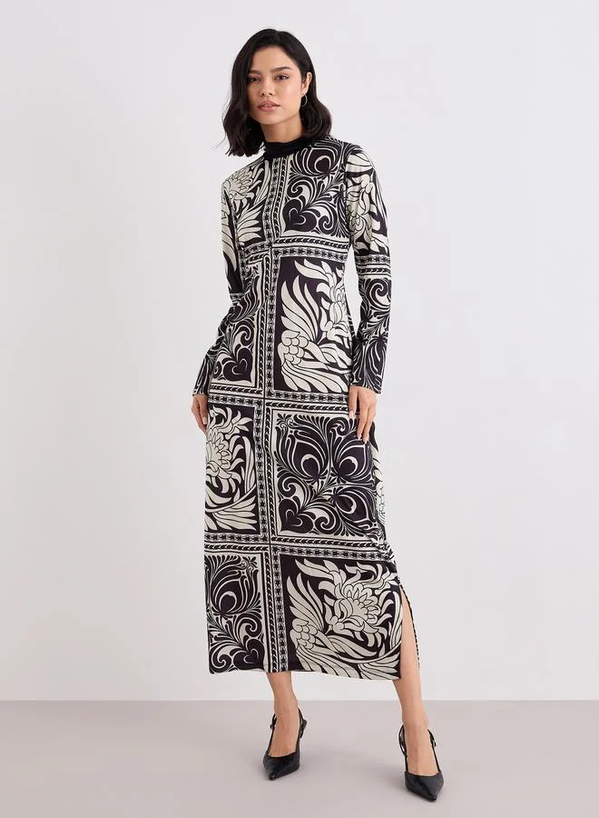 Styli Styli Scarf Tie Print High Neck Maxi Dress