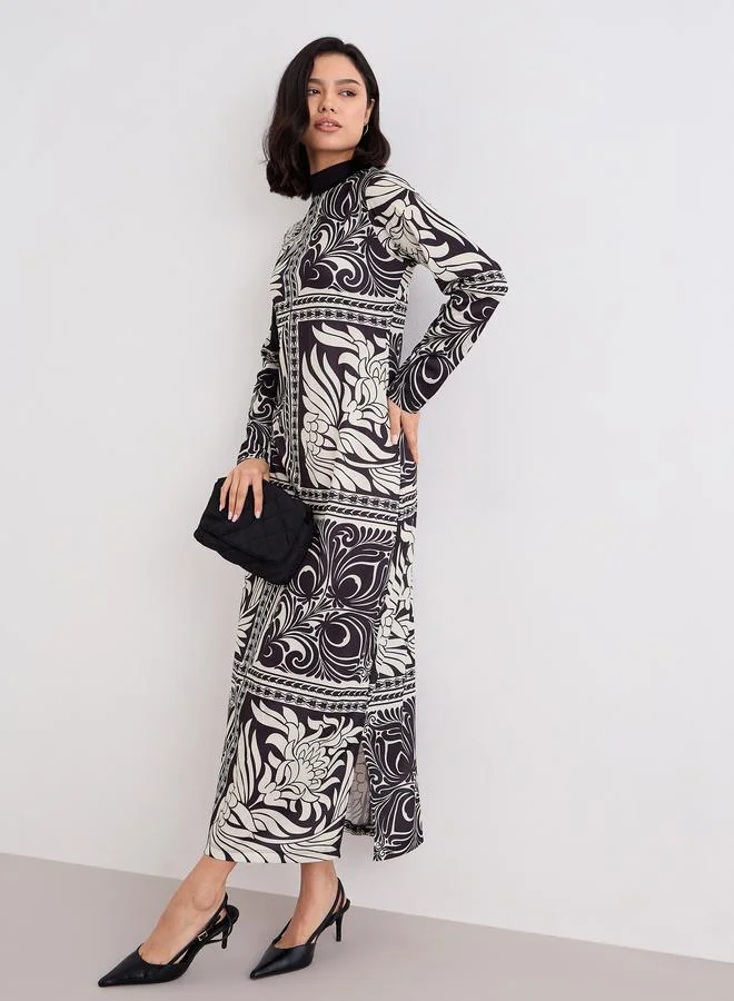 Styli Styli Scarf Tie Print High Neck Maxi Dress