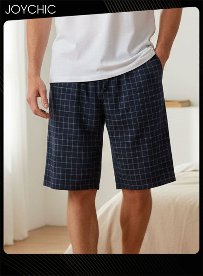 Joychic سروال بيجاما بتصميم ياباني مزخرف للرجال صيفي من القطن النقي ماص للرطوبة فضفاض بطبقتين من الشاش سراويل منزلية زرقاء داكنة - Image 1