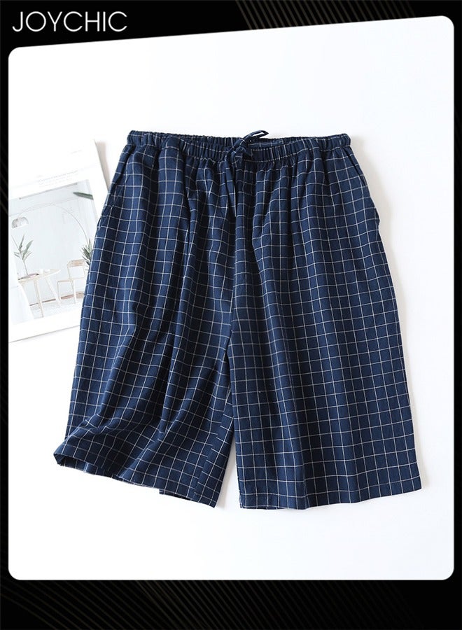 Joychic Japanese Style Plaid Pajama Bottom Men Summer Pure Cotton Sweat-absorbent Loose Double-layer Gauze Home Pants Navy Blue  - Image 1