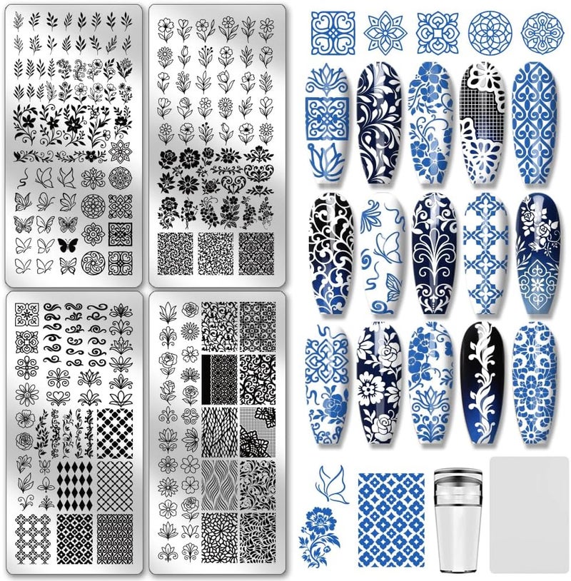 PH PandaHall 4pcs Flower Nail Stamping Plates Leaves Plants Nail Art Stencils Daisy Tulip Rose Nails Stamper Butterfly Manicure Art Templates Geometric Nails Image Plates for Women DIY Manicures Salon