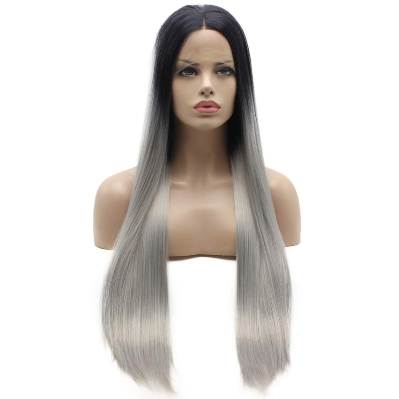 Lushy Hair Synthetic Lace Front Wig Extra Long 28inch Straight Black Root Gray Ombre Wig Heat Friendly Full Density Realistic Wig